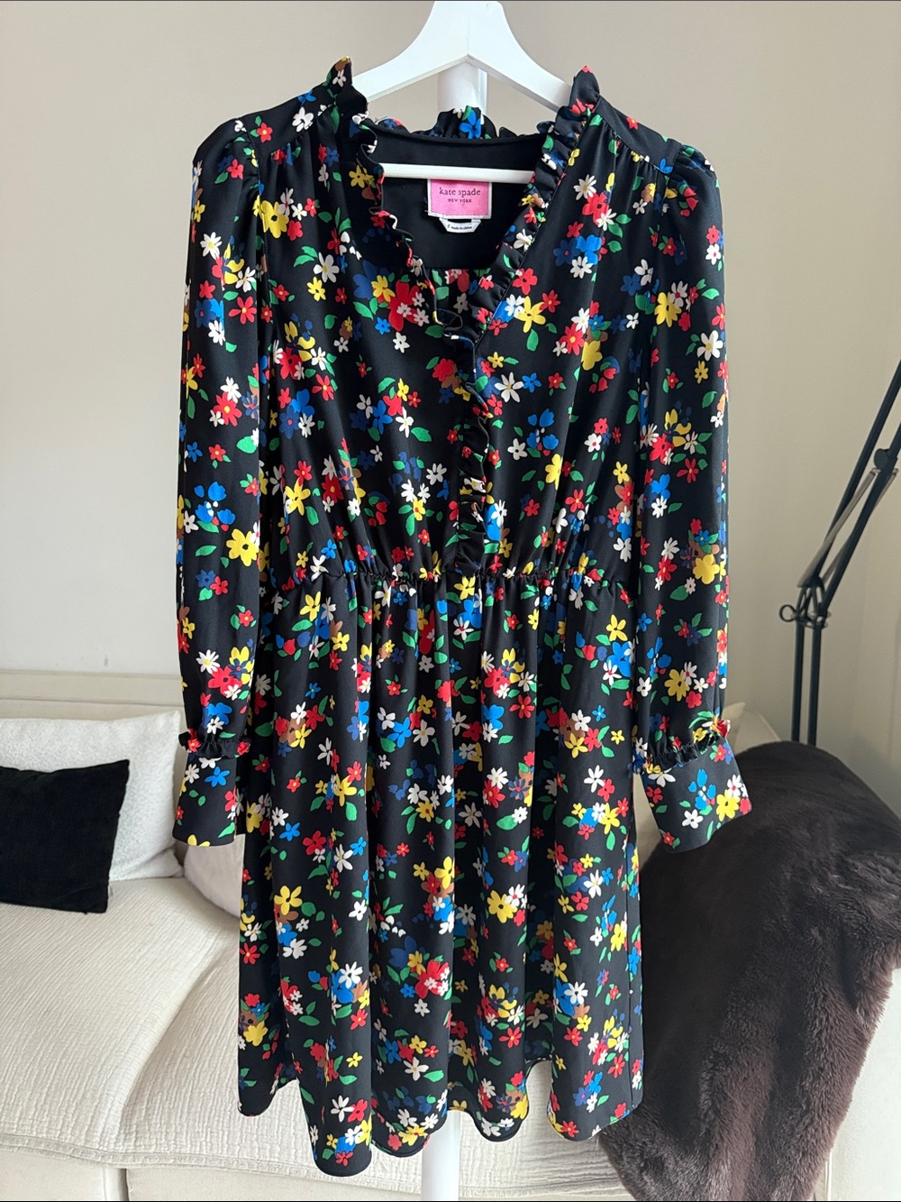 kate spade Black Floral Ruffle-Trim Dress